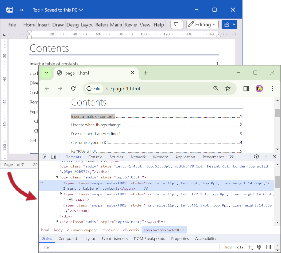 Unlink table of contents in Word documents